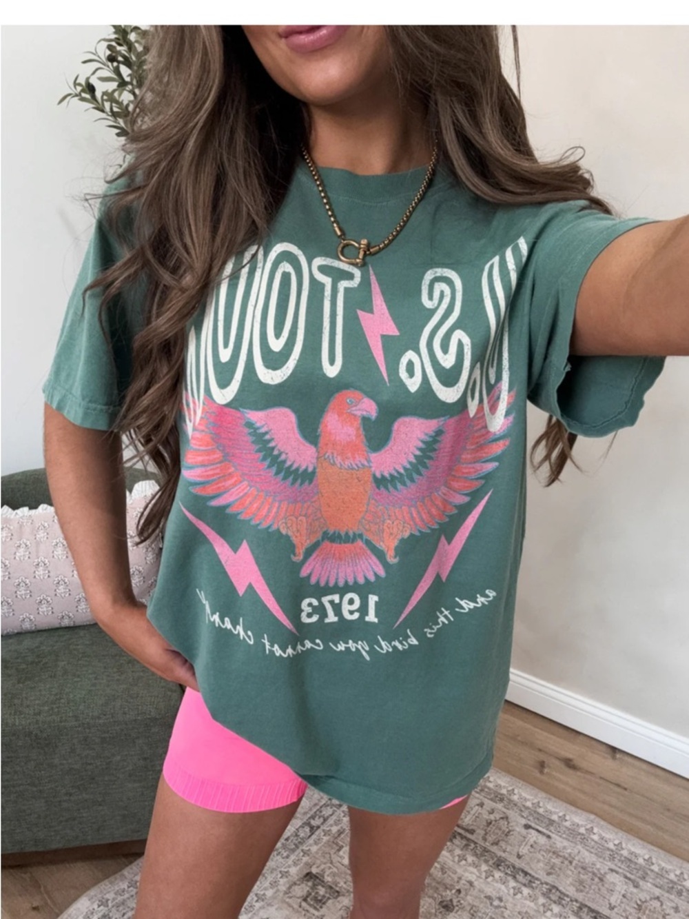 Green Short Sleeve Graphic Tee with Pink Eagle Design